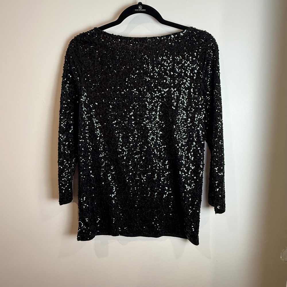 J.Crew Factory Black Sequin Top Long Sleeve Party Sparkle Blouse - M - Picture 2 of 6